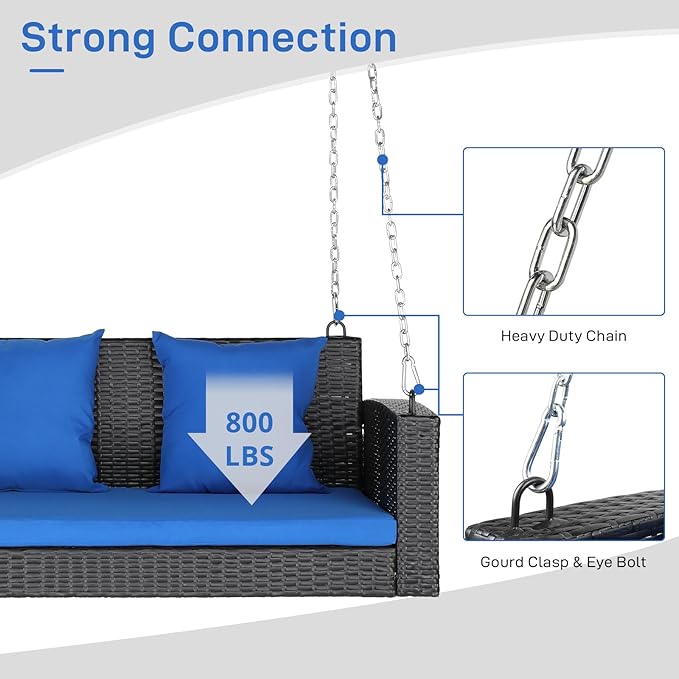 Outvita Porch Swing 2 Person Hanging Bench, Wicker Outdoor Swing Bench with Cushion and Pillow for Patio, Yard, Garden Hold Up to 800 lbs (Blue)