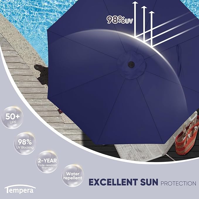 Tempera Patio Market Outdoor Table Umbrella with Auto Tilt and Crank, Large Sun Umbrella with Sturdy Pole & Fade Resistant Canopy, Easy to Set