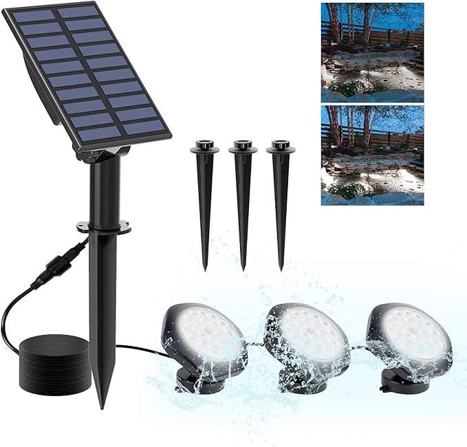 Solar Pond Lights, 18 LED Super Bright Underwater Spotlights LED Submersible Pond Light IP68 Waterproof Fountain Lights for Fish Aquarium Tank Garden Yard Pool Decor Cold White (3-in-1)