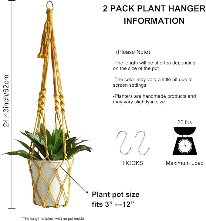 Artilady Boho Macrame Plant Hangers - Handmade Hemp Rope Hanging Baskets for Plants with Ceiling Hooks, Bohemian Home Decor Wall Art (Ginger-Yellow-2pcs)