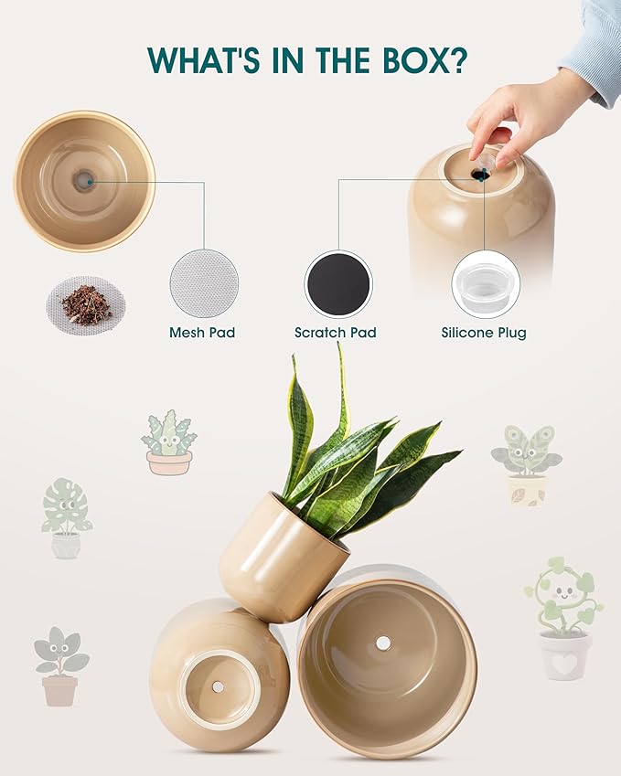 vancasso 6+8+10 inches Ceramic Plant Pots, Set of 3, Planters with Drainage Hole, Flower Pots Planters Pots for Indoor Plants, Modern Indoor Decorative Garden Pot, Home Decor, Brown
