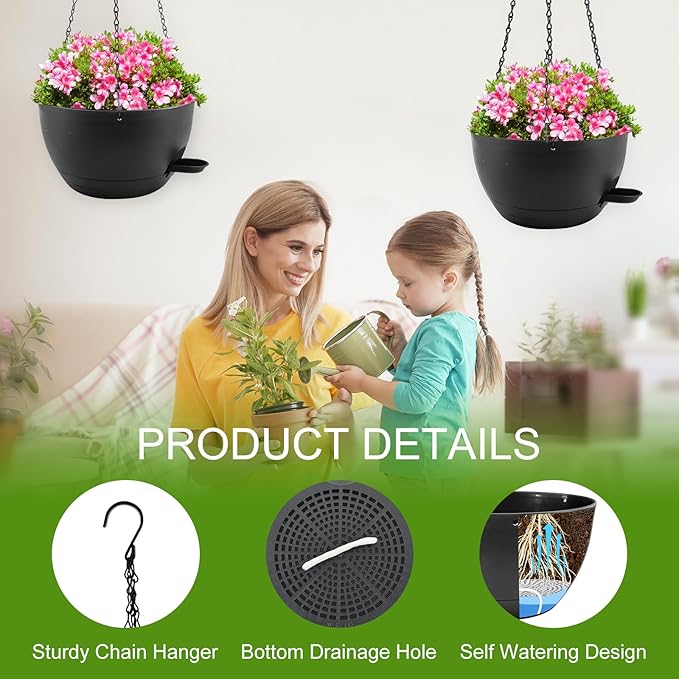 10 inch Hanging Planters for Indoor Plants, 3 Pack Self-Watering Hanging Planter Pots with Chain and Drainage Holes, Outdoor Plastic Hanging Baskets for Garden Home Decor (Black, 3pcs/10inch)