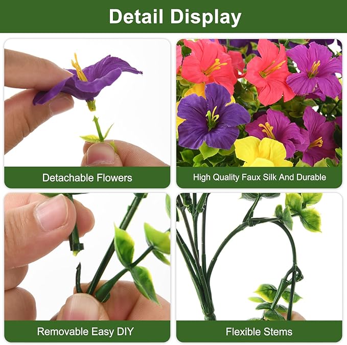 INQCMY Artificial Fake Petunias Flowers for Outdoors Spring Decoration, 12 Bundles Faux Plants Outdoor UV Resistant Realistic Silk Flower for Outside Planters Patio Porch Yard Window Box