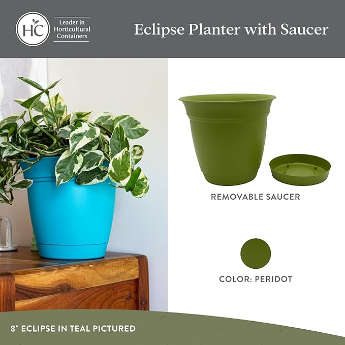The HC Companies 8 Inch Eclipse Round Planter Pots with Drainage Holes & Attached Saucer, Lightweight UV-Resistant Plastic Indoor Outdoor Planters, 4-Pack Flower Pots for Garden & Home Decor, Peridot