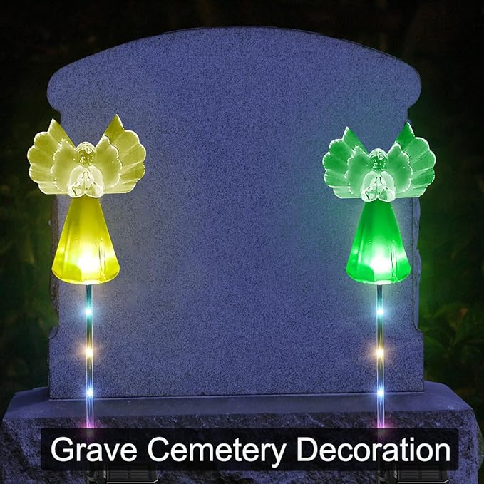 Solar Angel Lights Outdoor Decor - 2 Pack Decorative Color Changing Waterproof LED Angel Stake Lights for Cemetery Grave Garden Patio Yard Art Lawn Decoration, Grave Markers, Memorial Gifts