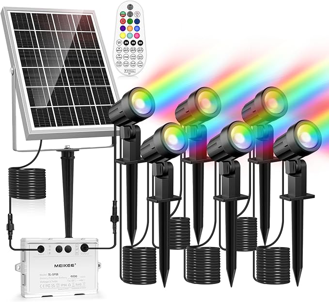 MEIKEE 6 in 1 RGB Solar Landscape Lights with Remote, RGB Color Changing LED Solar Spotlights, Outdoor Waterproof RGB Spot Lights for Garden Party Wedding Christmas Festival