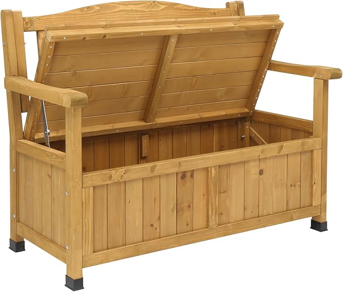 Outvita Outdoor Wood Storage Bench, Wooden Large Deck Box with Seating & Armrest, Waterproof Patio Organizer Loveseat for Garden Porch Deck Backyard Poolside(Yellow)