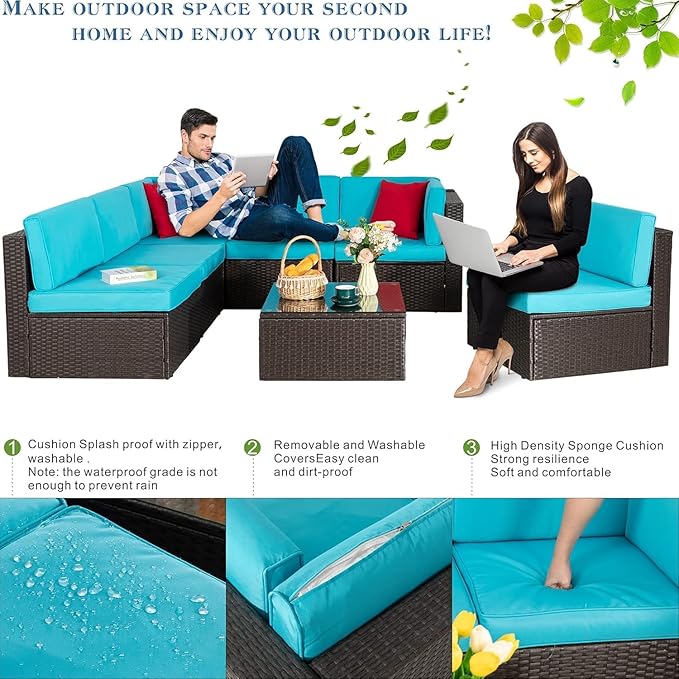 Vongrasig 7 Pieces Patio Furniture Sets, Outdoor All-Weather Wicker Patio Conversation Sets, L-Shaped Rattan Sectional Patio Sofa with Glass Table for Backyard, Blue