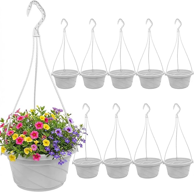 DOITOOL 10 Pack Hanging Plastic Pots for Plants with Hook, Garden Flower Plant Pot Container Baskets Hanging Nursery Planter Holder for Indoor Outdoor Garden Decor (White,6.7 Inch)