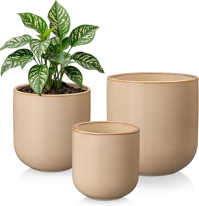 vancasso 6+8+10 inches Ceramic Plant Pots, Set of 3, Planters with Drainage Hole, Flower Pots Planters Pots for Indoor Plants, Modern Indoor Decorative Garden Pot, Home Decor, Brown