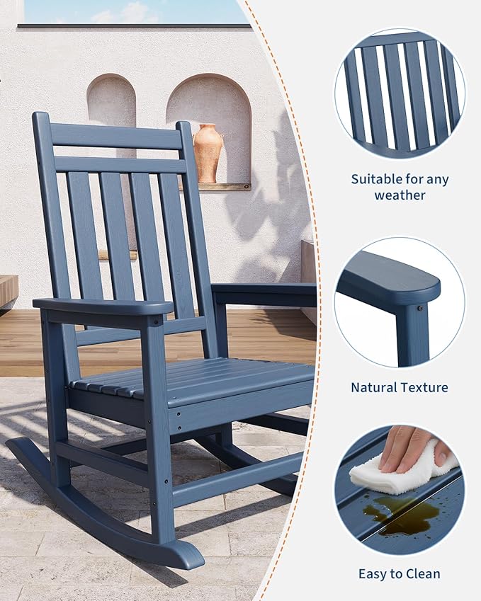 GarveeLife Poly Lumber Rocking Chair Outdoor Set of 4 with 2 Side Table - HDPE High Back Porch Rocker Chairs for Adults - All Weather Resistant Furniture for Patio - Navy Blue