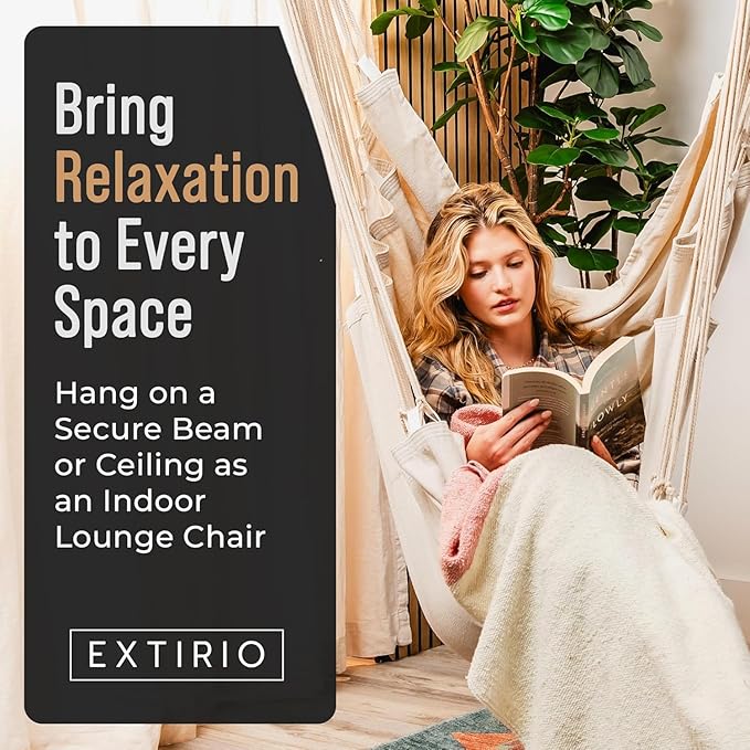 Hanging Hammock Chair Swing – Hanging Chair Outdoor & Indoor - Hammock Swing Chair – Quick & Easy Setup with Hardware Kit – Durable & Spacious Full Body Support with 2 Plush Cushions – Holds 440 Lbs