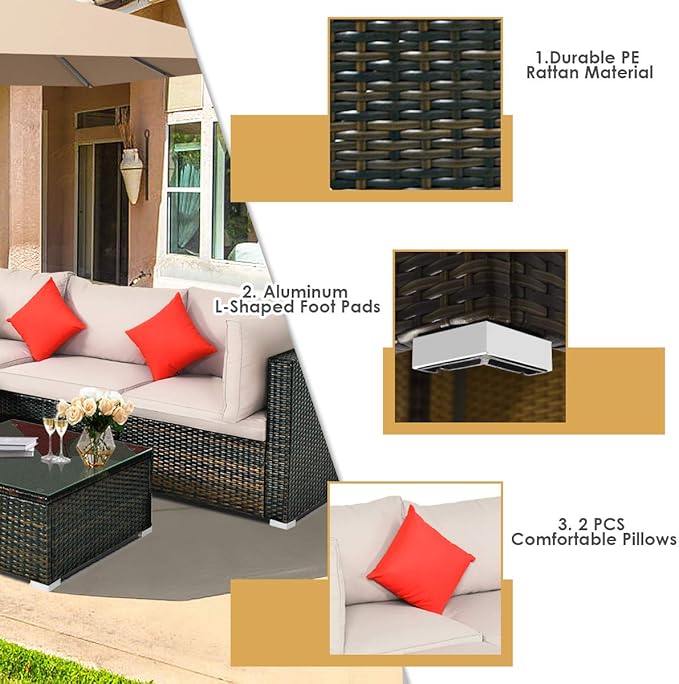 Tangkula 5 Pieces Patio Rattan Furniture Set, Outdoor Sectional Rattan Sofa Set with Back & Seat Cushions, Wicker Conversation Set with Tempered Glass Table for Backyard Porch Poolside (Brown)