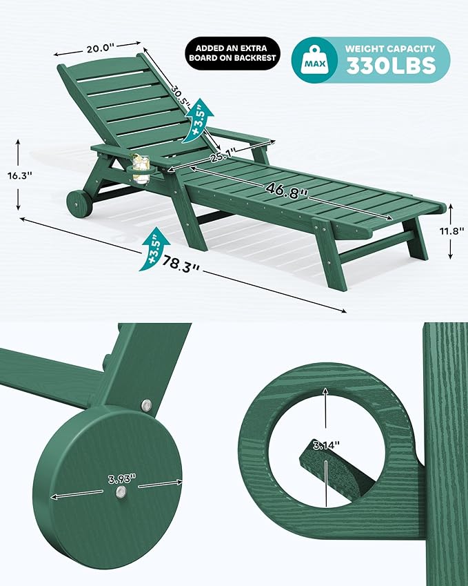 SERWALL Patio Chaise Lounge Chair Set of 2, 78'' Long 5-Positions Adjustable HDPE Outdoor Lounger for Pool, Poly Lounge Chair with Rolling Wheels & Cup Holder for Poolside, Deck, Dark Green