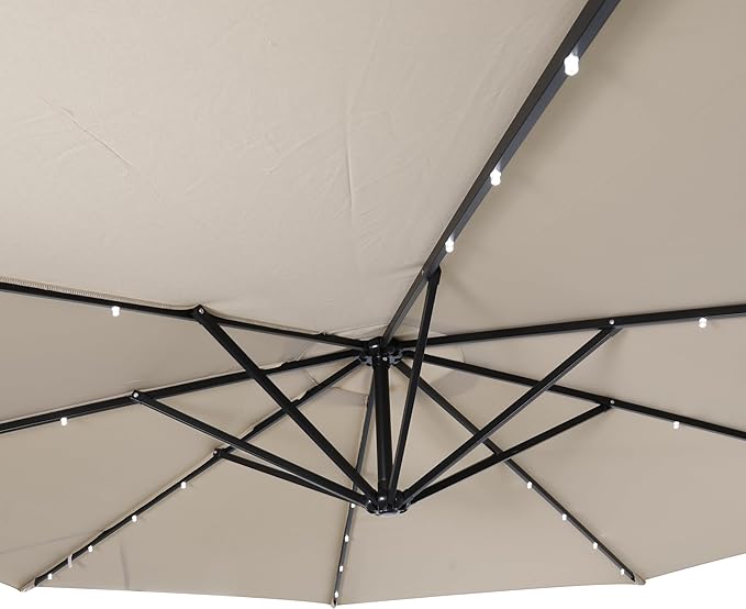 Flash Furniture Sedona Round Solar Cantilever Umbrella, Commercial Grade with Built in Cross Base, Crank and Tilt, 32 LED Lights, 6 Hour Run Time, 10 FT, Tan