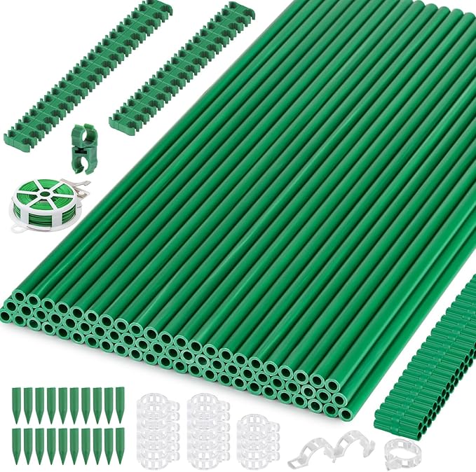 Cludoo 232PCS Garden Stakes Set with 70 Sets Fiberglass Plant Stakes Sticks Supports and Accessories, DIY 4ft 5ft 6ft 7ft Tomato Stakes for Tomato,Vegetables, Pepper, Fences Indoor Outdoor Plants