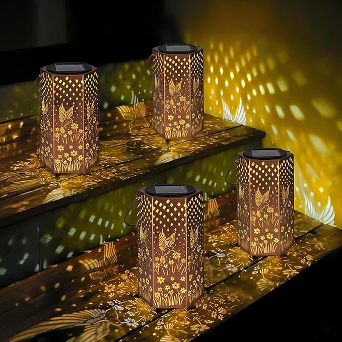 Mothers Day Gifts for Mom Grandma - Birthday Gifts for Women, 4 Pack Hummingbird Solar Lanterns Outdoor Waterproof Solar Lights Outdoor Hanging Garden Decor for Outside