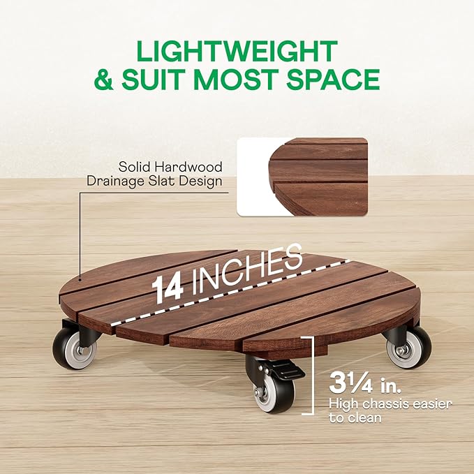 2pack Wood Plant Caddy With Wheels Heavy Duty Red Brown, 264 Lbs Capacity, 12 Inch Acacia Hardwood Plant Roller, Plant Stand with 360° Lockable Wheels, Plant Caster for Heavy Objects Hauling