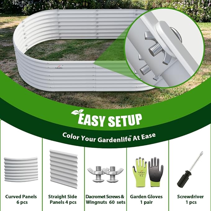 A ANLEOLIFE 6-Set 8X4X2 ft Galvanized Raised Garden Bed Kit, Oval Metal Deep Root Planters for Outdoor Plants, Antique White