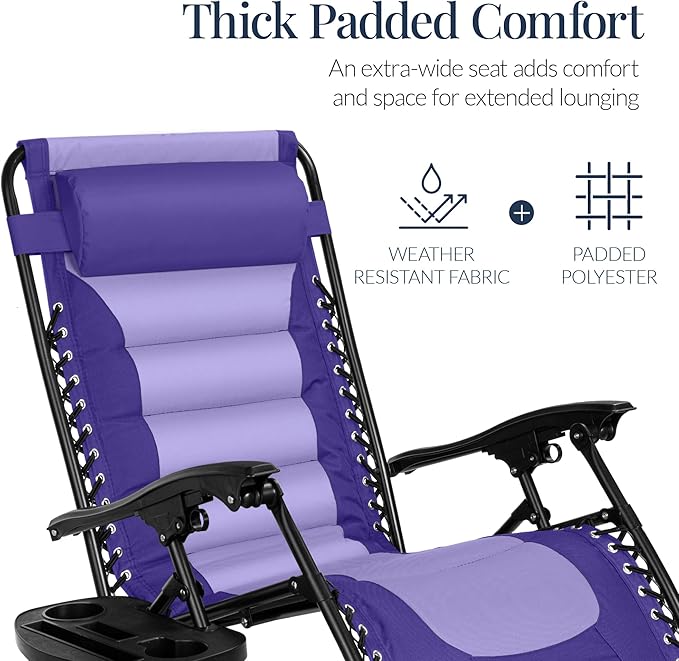 Best Choice Products Oversized Padded Zero Gravity Chair, Folding Outdoor Patio Recliner, XL Anti Gravity Lounger for Backyard w/Headrest, Cup Holder, Side Tray, Polyester Mesh - Purple/Violet