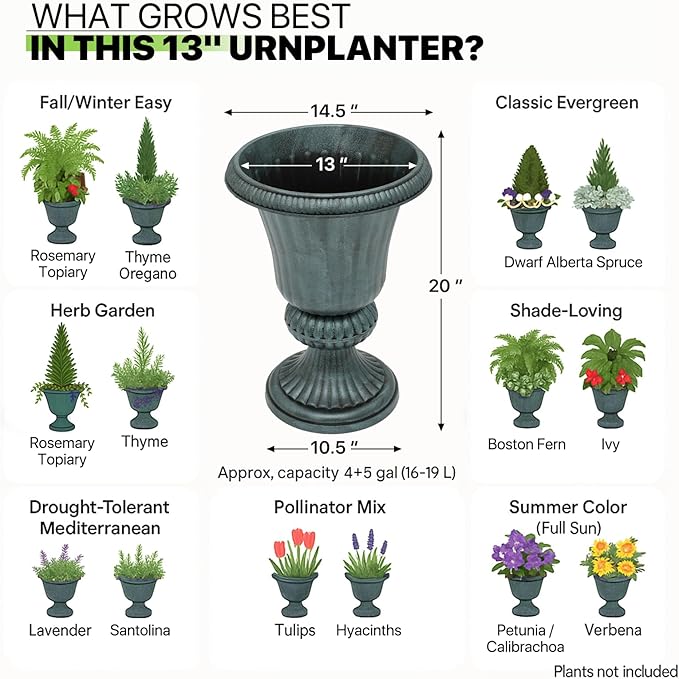 Magshion 20" Urn Planters for Outdoor Plants, Large Decorative Front Porch Planters Set of 2, Weatherproof Tall Plastic Flower Pots for Garden, Patio & Entryway Décor, Antique Green