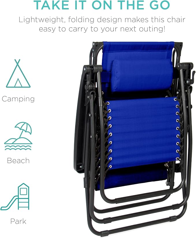 Best Choice Products Folding Zero Gravity Outdoor Recliner Patio Lounge Chair w/Adjustable Canopy Shade, Headrest, Side Accessory Tray, Textilene Mesh - Cobalt Blue