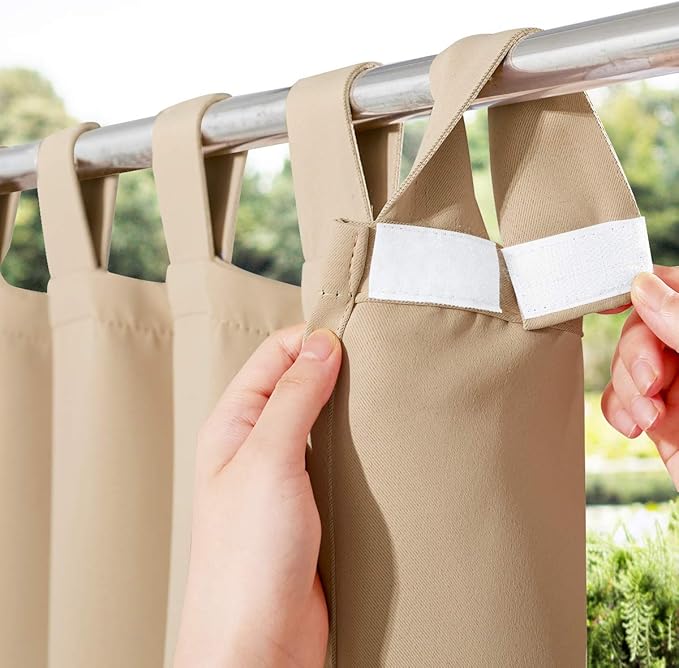 NICETOWN Outdoor Curtain for Patio Waterproof W84 x L84, Detachable Tab Top Self-Stick Light Blocking Privacy Protect Outdoor Blind for Pavilion/Indoor Outdoor Divider, 1 Panel, Biscotti Beige