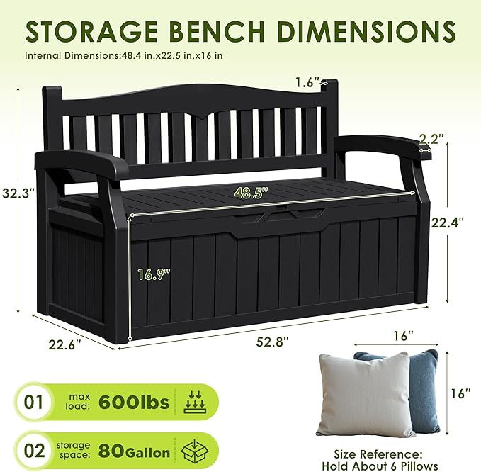Greesum 80 Gallon Outdoor Storage Bench, Resin Patio Furniture with Armrest,Waterproof and UV-Resistant, Perfect to Garden, Poolside and Lawn, Black