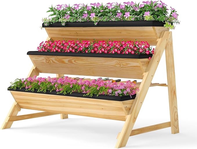 HAPPYGRILL 3-Tier Wooden Raised Garden Bed, Elevated Planter Box Kit with Legs & Liners for Flower Herb Vegetable, Indoor Outdoor Vertical Raised Bed for Gardening Patio Balcony Greenhouse