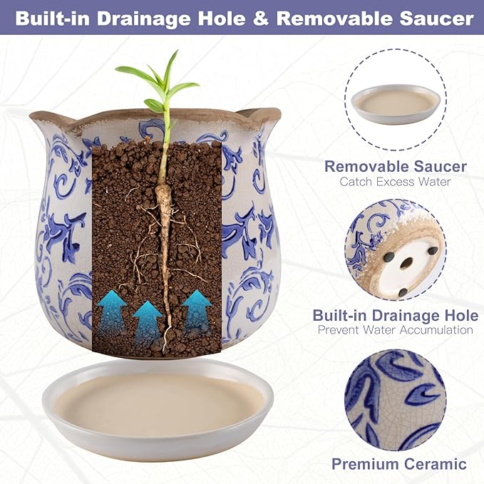 Ceramic-Planters-for-Indoor-Plants with Saucer, 6 inch Vintage Ice Crackle Glaze Plant Pots with Drainage Holes, Decorative Flower Pots for Outdoor Garden Home Decor, Tuscan Pot for Plant