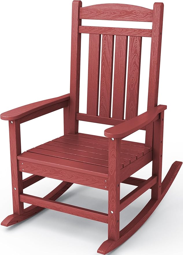 KINGYES Outdoor Rocking Chair, Weather Resistant Patio Rocking Chairs High Back Porch Rocker for Adult, Dark Red