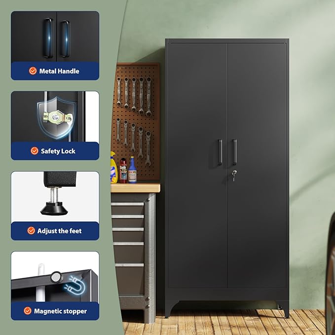 Yizosh Metal Garage Storage Cabinet with 2 Doors and 4 Adjustable Shelves - 71" Steel Lockable File Cabinet,Locking Tool Cabinets for Home,Office,Garage,Gym,School
