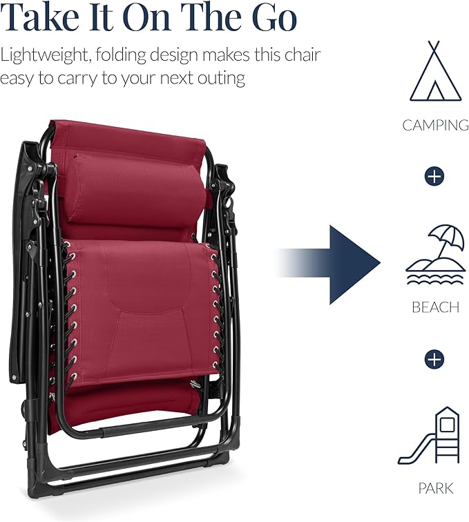 Best Choice Products Oversized Padded Zero Gravity Chair, Folding Outdoor Patio Recliner, XL Anti Gravity Lounger for Backyard w/Headrest, Cup Holder, Side Tray, Polyester Mesh - Burgundy