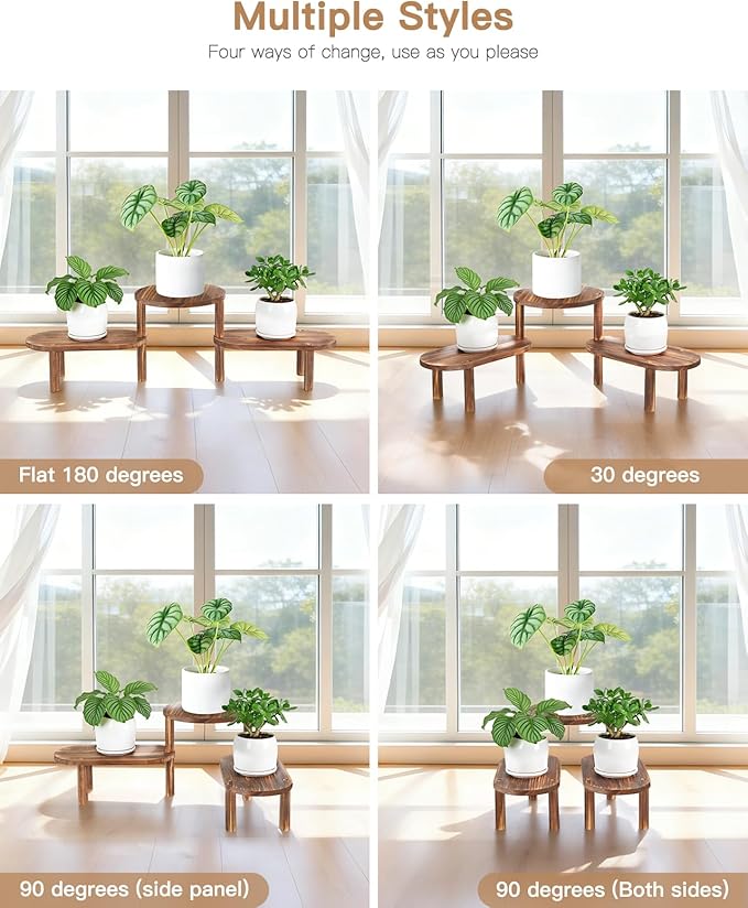 3 Tier Corner Plant Stand Indoor - Adjustable Wood Convex Flower Stand for Small Spaces, Heavy Duty Long Plant Shelf for Living Room Balcony Hallway
