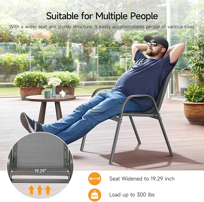 ONBRILL Patio Chairs set of 2, Easy Assembly Stackable Outdoor Dining Chairs with Wide Seat and Sturdy Metal Frame, Breathable All Weather Textilene Outdoor Chairs Set of 2 for Deck, Pool, Porch, Grey