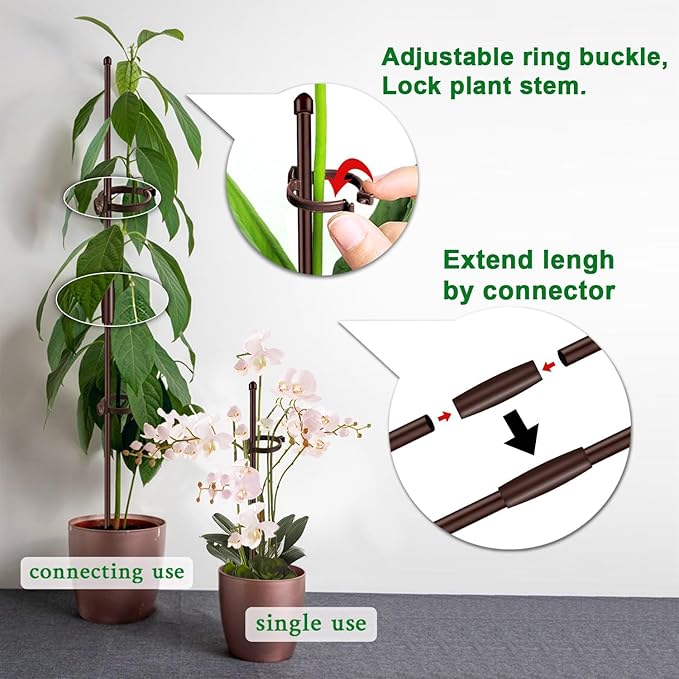 Plant Stakes 17inch &11inch SupKing 16Pcs Adjustable Flower Support Poles Orchid Sticks with Clips for Indoor Outdoor Garden Potted Tomato Rose Amaryllis Vegetables Comes with 20 Ties (Brown)