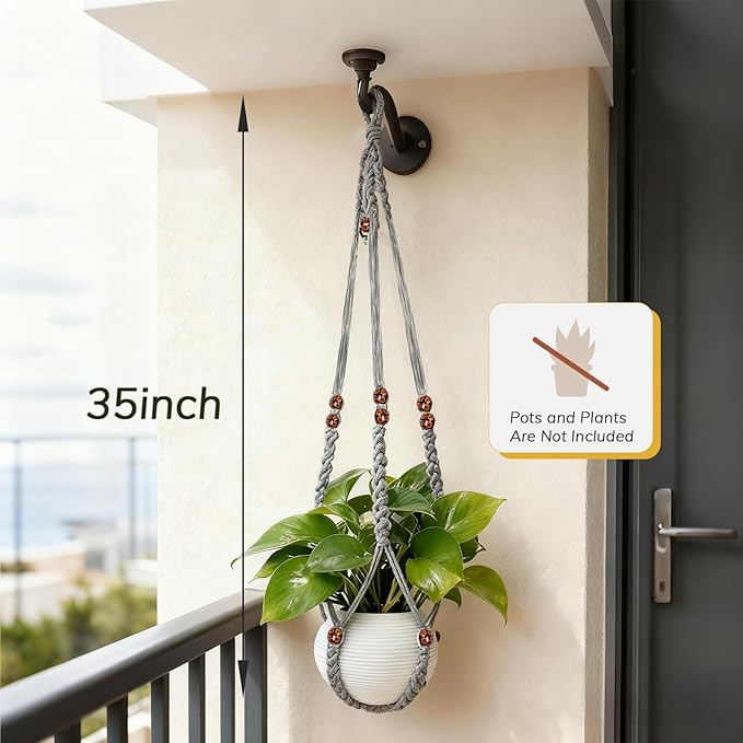 35 Inch Macrame Plant Hanger, Large for up to 15 Inch Pot Extra Long Hanging Planter Holder Basket with Wood Beads for Indoor Outdoor Home Decor (Grey, 2-Pack)