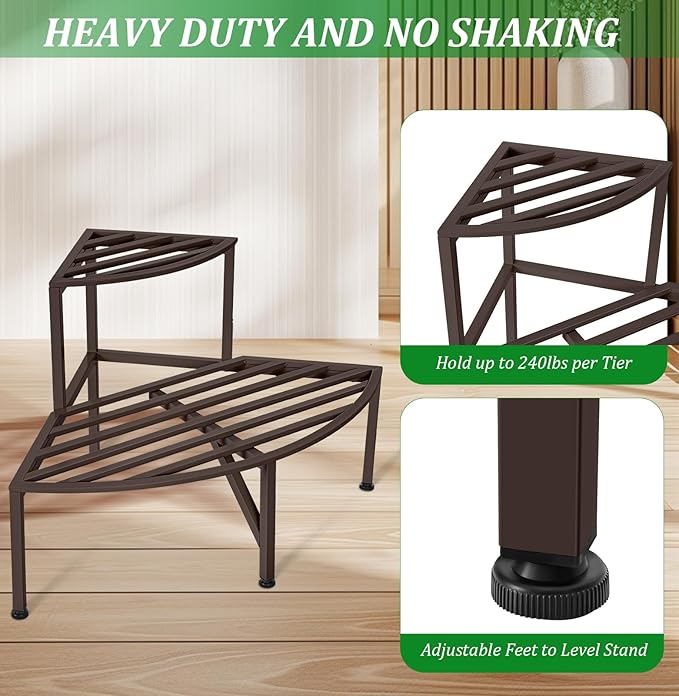 Corner Plant Stand Outdoor Metal,2 Tier Heavy Duty Ladder Plant Shelf Indoor for Multiple Plants,37.08" L x 22.83" W x 20.07" H,Coffee