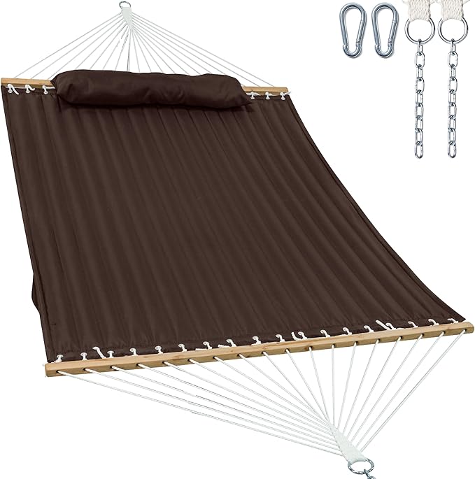 2 Person 12FT Hammocks for Outside, Double Quilted Fabric Outdoor Hammock with Spreader Bar, Large Removable Pillow, Storage Pockets, Carabiners, Max 475 lbs Capacity (Coffee)