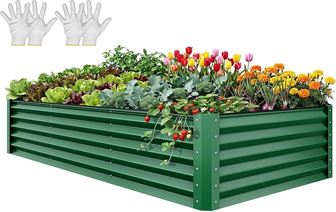 YITAHOME 8x4x1.5ft Large Raised Garden Bed Kit, Galvanized Metal Planter Box with Gloves, Ground Nails & Safety Rubber, Outdoor Above Ground Planters for Plants Vegetables Flowers, Green
