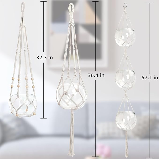 3 PCS Macrame Plant Hanger Indoor Hanging Planter Basket with Wood Beads Plants Holder Decorative Flower Pot Holder (POTS NOT Included) (Ivory White)