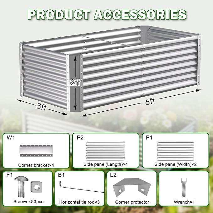Galvanized Raised Garden Bed Kit Outdoor Patio,6x3x2ft Large Rectangular Metal Planter Boxes,Deep Root Box Planter for Gardening, Vegetables, Flowers, Herbs, 1 Pack, Silver