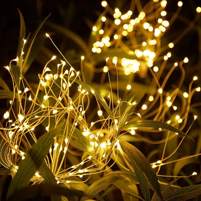 Christmas Outdoor Garden Decorative Lights, Solar Firework Lights 105 LED Powered 35 Copper Wires, DIY Flowers Fireworks Stars for Walkway Pathway Backyard Christmas Party Decor (Warm White 2 Pack)