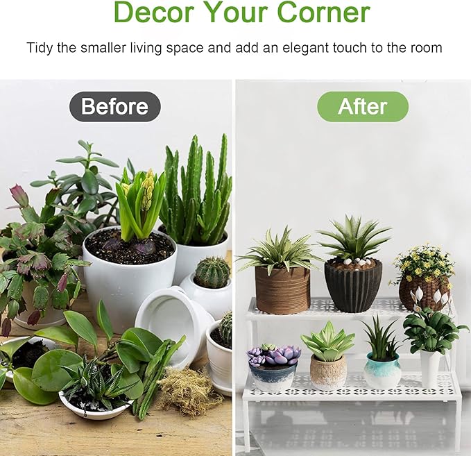 Metal Plant Stand Metal 2 Tier Potted Multiple Flower Pot Holder Plant Shelf Indoor Plants Multiple,Outdoor Heavy Duty Planter Display Shelving Unit for Patio Garden Corner Balcony Living Room(White)