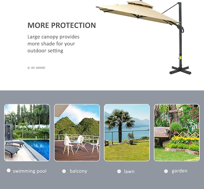 Outsunny 10ft Offset Patio Umbrella, Hanging Cantilever Umbrella, Square Shape, Aluminum Cross Base, Tilt, 360-Degree Rotation