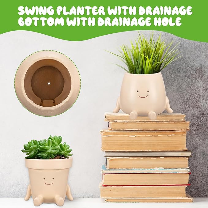 Domensi 2 Pcs Swing Hanging Planter Cute Smile Flower Face Pot Indoor Outdoor Pots for Succulent String of Pearls Plants Plant Ideal Gifts for Christmas Birthday(Sit Mixed Shapes,Small)