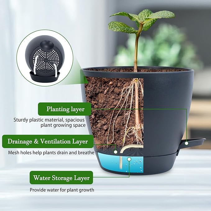 Hanging Planters for Indoor Plants, 2 Set Self Watering Hanging Flower Pots, Modern Hanging Plant Baskets with Metal Plant Holder & 6.5 Inch Plastic Pots for Garden Home Decor (Black)
