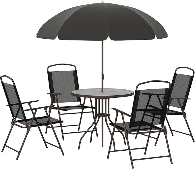 Outsunny 6 Piece Patio Dining Set for 4 with Umbrella, Outdoor Table and Chairs with 4 Folding Dining Chairs & Round Glass Table for Garden, Backyard and Poolside, Black and Coffee