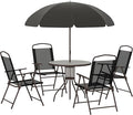 Outsunny 6 Piece Patio Dining Set for 4 with Umbrella, Outdoor Table and Chairs with 4 Folding Dining Chairs & Round Glass Table for Garden, Backyard and Poolside, Black and Coffee