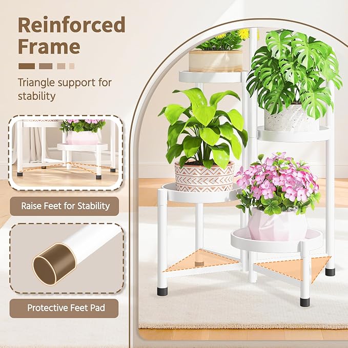 LASZOLA 5 Tiered Folding Tall Plant Stand Indoor for Multiple Large Planter, Heavy Duty Metal Adjustable Flower Rack for Narrow Corner, Sturdy Vertical Spiral Shelving Holder for Modern House, White